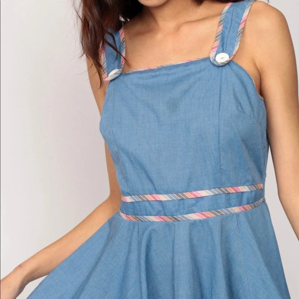 Jumper Dress 70s Mod Mini CHAMBRAY Pinafore Boho 1970s Vintage Medium Large - Picture 4 of 5